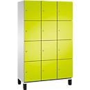 C+P Schließfachschrank Cambio, 3 Abteile, 12 Fächer, auf Füßen, B 1200 x T 525 x H 1980 mm, lichtgrau/clowngrün