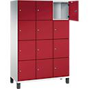 C+P Schließfachschrank Cambio, 3 Abteile, 12 Fächer, auf Füßen, B 1200 x T 525 x H 1980 mm, lichtgrau/rubinrot