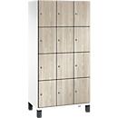 C+P Schließfachschrank Cambio, 3 Abteile, 12 Fächer, auf Füßen, B 900 x T 525 x H 1980 mm, verkehrsweiß/Sen Esche‑Dekor