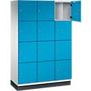 C+P Schließfachschrank Cambio, 3 Abteile, 12 Fächer, mit Sockel, B 1200 x T 525 x H 1980 mm, lichtgrau/lichtblau