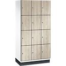 C+P Schließfachschrank Cambio, 3 Abteile, 12 Fächer, mit Sockel, B 900 x T 525 x H 1980 mm, verkehrsweiß/Sen Esche‑Dekor