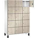 C+P Schließfachschrank Cambio, 3 Abteile, 15 Fächer, auf Füßen, B 1200 x T 525 x H 1980 mm, verkehrsweiß/Sen Esche-Dekor