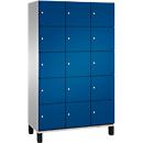 C+P Schließfachschrank Cambio, 3 Abteile, 15 Fächer, auf Füßen, B 1200 x T 525 x H 1980 mm, weißaluminium/enzianblau