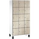 C+P Schließfachschrank Cambio, 3 Abteile, 15 Fächer, auf Füßen, B 900 x T 525 x H 1980 mm, verkehrsweiß/Sen Esche-Dekor