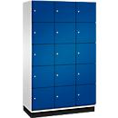 C+P Schließfachschrank Cambio, 3 Abteile, 15 Fächer, mit Sockel, B 1200 x T 525 x H 1980 mm, lichtgrau/enzianblau