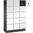 C+P Schließfachschrank Cambio, 3 Abteile, 15 Fächer, mit Sockel, B 1200 x T 525 x H 1980 mm, schwarzgrau/weiß