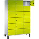 C+P Schließfachschrank Cambio, 3 Abteile, 18 Fächer, auf Füßen, B 1200 x T 525 x H 1980 mm, lichtgrau/clowngrün