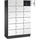 C+P Schließfachschrank Cambio, 3 Abteile, 18 Fächer, mit Sockel, B 1200 x T 525 x H 1980 mm, schwarzgrau/weiß