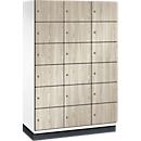 C+P Schließfachschrank Cambio, 3 Abteile, 18 Fächer, mit Sockel, B 1200 x T 525 x H 1980 mm, verkehrsweiß/Sen Esche‑Dekor