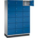 C+P Schließfachschrank Cambio, 3 Abteile, 18 Fächer, mit Sockel, B 1200 x T 525 x H 1980 mm, weißaluminium/enzianblau