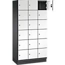 C+P Schließfachschrank Cambio, 3 Abteile, 18 Fächer, mit Sockel, B 900 x T 525 x H 1980 mm, schwarzgrau/weiß