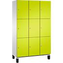 C+P Schließfachschrank Cambio, 3 Abteile, 9 Fächer, auf Füßen, B 1200 x T 525 x H 1980 mm, lichtgrau/clowngrün