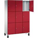 C+P Schließfachschrank Cambio, 3 Abteile, 9 Fächer, auf Füßen, B 1200 x T 525 x H 1980 mm, lichtgrau/rubinrot