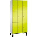 C+P Schließfachschrank Cambio, 3 Abteile, 9 Fächer, auf Füßen, B 900 x T 525 x H 1980 mm, lichtgrau/clowngrün