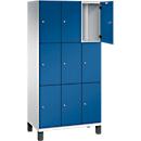 C+P Schließfachschrank Cambio, 3 Abteile, 9 Fächer, auf Füßen, B 900 x T 525 x H 1980 mm, lichtgrau/enzianblau