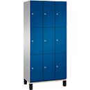 C+P Schließfachschrank Cambio, 3 Abteile, 9 Fächer, auf Füßen, B 900 x T 525 x H 1980 mm, weißaluminium/enzianblau