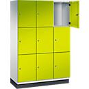 C+P Schließfachschrank Cambio, 3 Abteile, 9 Fächer, mit Sockel, B 1200 x T 525 x H 1980 mm, lichtgrau/clowngrün
