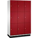 C+P Schließfachschrank Cambio, 3 Abteile, 9 Fächer, mit Sockel, B 1200 x T 525 x H 1980 mm, lichtgrau/rubinrot