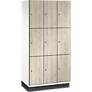 C+P Schließfachschrank Cambio, 3 Abteile, 9 Fächer, mit Sockel, B 900 x T 525 x H 1980 mm, verkehrsweiß/Sen Esche-Dekor