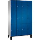 C+P Schließfachschrank Cambio, 4 Abteile, 12 Fächer, auf Füßen, B 1200 x T 525 x H 1980 mm, weißaluminium/enzianblau