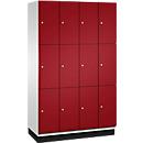 C+P Schließfachschrank Cambio, 4 Abteile, 12 Fächer, mit Sockel, B 1200 x T 525 x H 1980 mm, lichtgrau/rubinrot