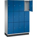 C+P Schließfachschrank Cambio, 4 Abteile, 12 Fächer, mit Sockel, B 1200 x T 525 x H 1980 mm, weißaluminium/enzianblau
