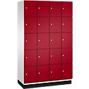 C+P Schließfachschrank Cambio, 4 Abteile, 20 Fächer, mit Sockel, B 1200 x T 525 x H 1980 mm, lichtgrau/rubinrot
