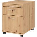 Caisson roulant 126 Breno, 1 tiroir, 1 tirette-plumier &amp; 1 tiroir pour dossiers suspendus, verrouillable, L 428 x P 580 x H 590 mm, chêne cendré