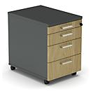 Caisson roulant BEXXSTAR, 1 tirette-plumier verrouillable &amp; 3 tiroirs, L 430 x P 600 x H 600 mm, gris foncé/décor chêne