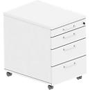 Caisson roulant BEXXSTAR, 1 tirette-plumier verrouillable &amp; 3 tiroirs, L 430 x P 800 x H 600 mm, blanc