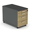 Caisson roulant BEXXSTAR, 1 tirette-plumier verrouillable &amp; 3 tiroirs, L 430 x P 800 x H 600 mm, gris foncé/décor chêne