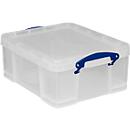 Caja de transporte Really Useful Box, volumen 18 l, L 480 x W 390 x H 200 mm, apilable, con tapa y asas plegables, PP reciclado, transparente