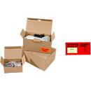 Cajas de cartón para envíos con fondo automático, dimensiones interiores L 305 x W 215 x H 125 mm, 100 piezas + 250 bolsillos para albaranes DEBATEC, DIN largo, ventana e impresión, rojo