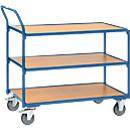 Carrito de transporte con mesa, 3 niveles, acero/madera, azul-haya, An 1000 x P 600 mm, hasta 300 kg, ruedas TPE