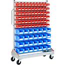 Carro contenedor de almacén, lados simples, ancho 1130 x fondo 510 x alto 1705 mm, 60 x 0,7 l rojo, 28 x 7,5 l azul