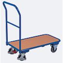 Carro ligero con barra de empuje, tablero de acero/MDF, decoración azul genciana/haya, L 1000 x A 600 mm, con travesaño, ruedas de TPE con EasySTOP, hasta 200 kg 