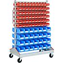 Carro para cajas con abertura frontal, bilateral, An 1130 x P 710 x Al 1705 mm, 120 x 0,7 l rojo, 56 x 7,5 l azul