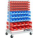 Carro para cajas con abertura frontal, bilateral, An 1130 x P 710 x Al 1705 mm, 80 x 0,7 l rojo, 42 x 3 l azul, 20 x 7,5 l rojo