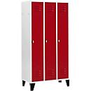 Casier de vestiaires à 3 compartiments, 300 mm, serrure à came batteuse, sur pieds, porte rouge rubis