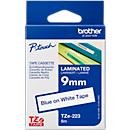 Cassette de ruban pour titreuses TZe-223 Brother, 9 mm de largeur, blanc/bleu