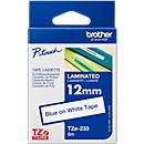 Cassette de ruban pour titreuses TZe-233 Brother, 12 mm de largeur, blanc/bleu