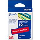 Cassette de ruban pour titreuses TZe-435 Brother, 12 mm de largeur, rouge/blanc