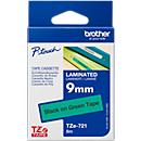 Cassette de ruban pour titreuses TZe-721 Brother, 9 mm de largeur, vert/noir