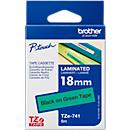 Cassette de ruban pour titreuses TZe-741 Brother, 18 mm de largeur, vert/noir