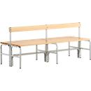 Changing bench, tubular steel/wood, double, with back section, 1500 mm wide, light grey