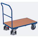 Chariot à barres de poussée, panneau acier/MDF, décor bleu gentiane/hêtre, L 1230 x L 800 mm, avec traverse, roulettes TPE avec EasySTOP, jusqu'à 500 kg