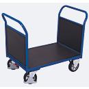 Chariot à double paroi frontale, acier/plaque de sérigraphie, bleu gentiane/marron foncé, L 1195 x l 800 mm, parois frontales en contreplaqué, roulettes en caoutchouc solide avec EasySTOP, 1000 kg