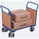 Chariot à double paroi frontale, acier/plaque MDF, décor bleu gentiane/hêtre, L 1000 x l 600 mm, parois frontales en plaque MDF, roulettes en TPE avec EasySTOP, jusqu'à 500 kg
