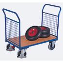 Chariot à double paroi frontale, panneau acier/MDF, décor bleu gentiane/hêtre, L 850 x l 500 mm, parois frontales grillagées, roulettes TPE avec EasySTOP, jusqu'à 400 kg