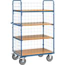 Chariot à étages, 4 étagères en bois, jusqu'à 600 kg, 3 grillages, 1000 x 700 mm, acier, bleu